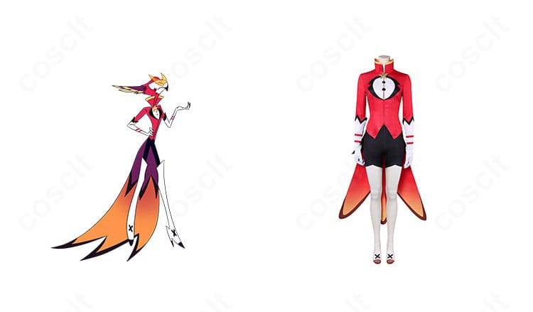 正面全体とヴァサゴのビジュアルを並置した画像。ヘルヴァ・ボスの世界観を反映したトップスとショートパンツ、手袋のセット構成と装飾を確認できます。