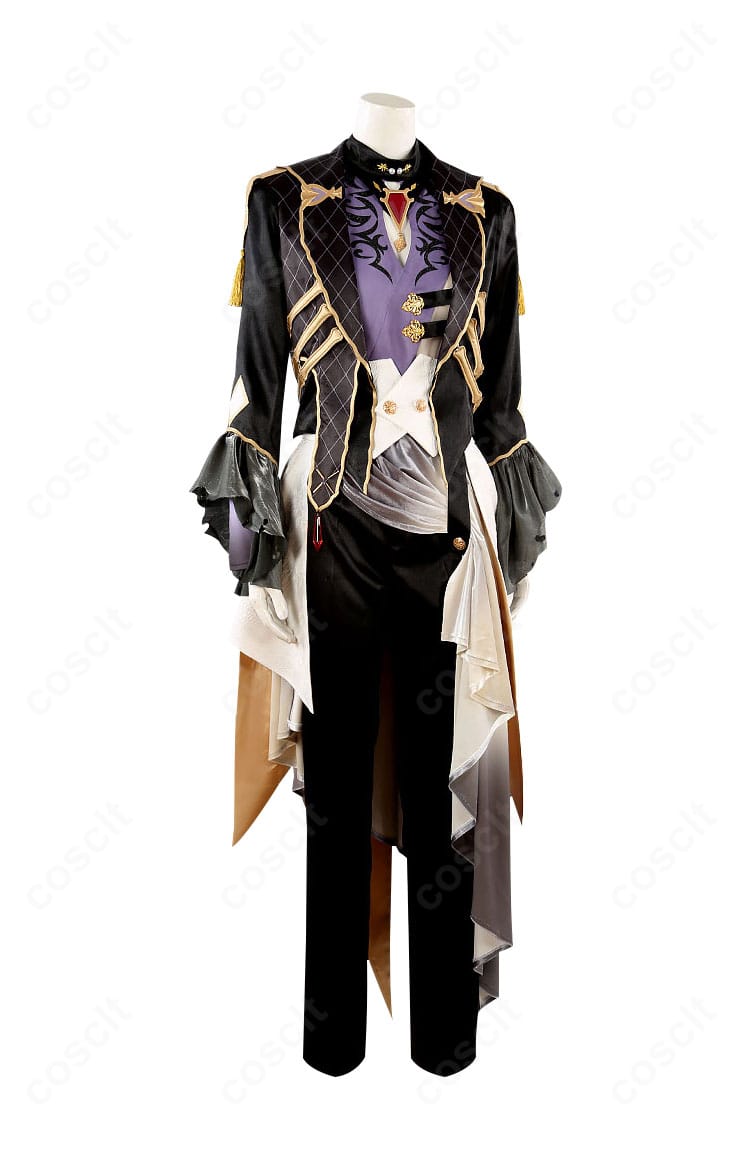 朔間凛月 衣装の刺繍・胸飾り・アクセサリー詳細。金具と糸色のコントラストで高級感を表現。