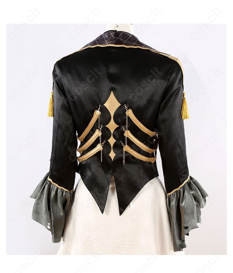 朔間凛月 衣装の背面ディテール。オーバースカートのドレープとコート背面のライン設計を確認。