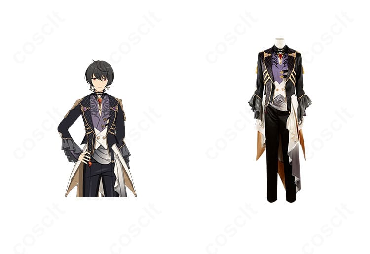 あんさんぶるスターズ!! 朔間凛月「いざよう月の歌」衣装の正面全身とキャラクター比較。コートとオーバースカートのシルエット再現を確認できる一枚。