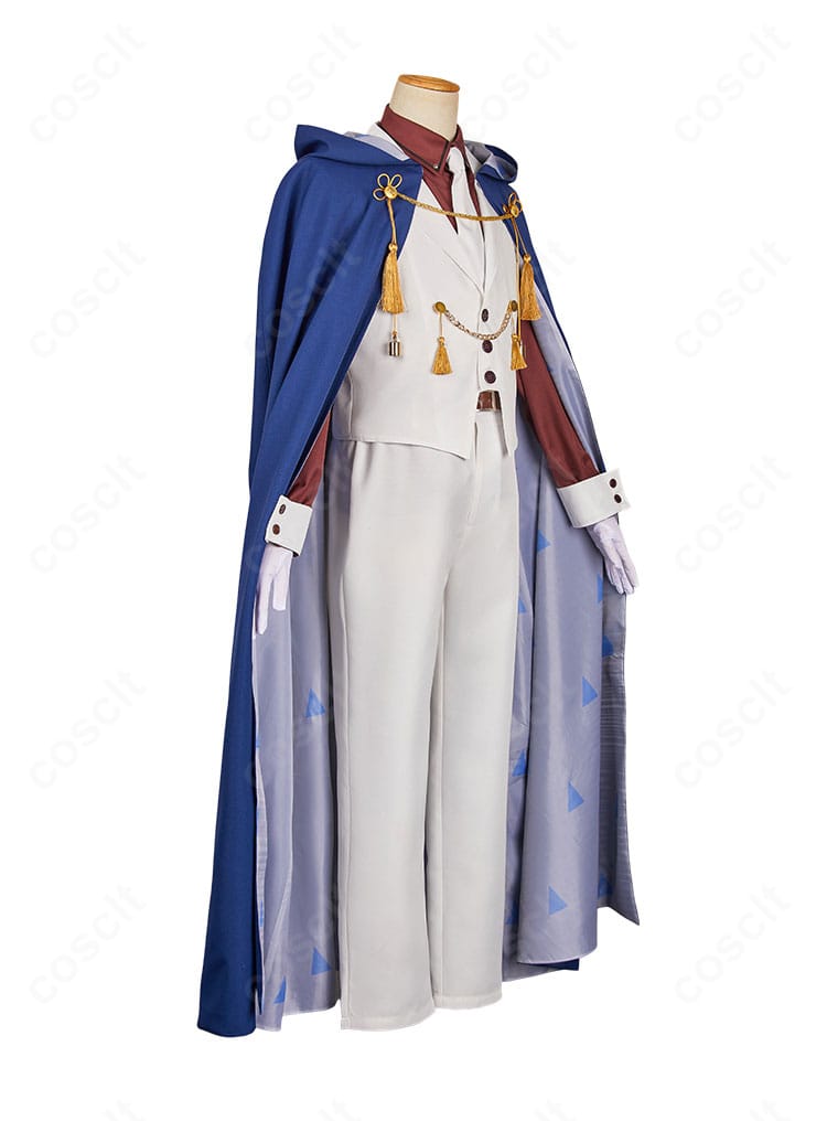 地縛少年花子くん 蒼井茜 時計守仕様コスプレの右側面。ベストとマントのサイドライン、装飾の配置が分かる角度。