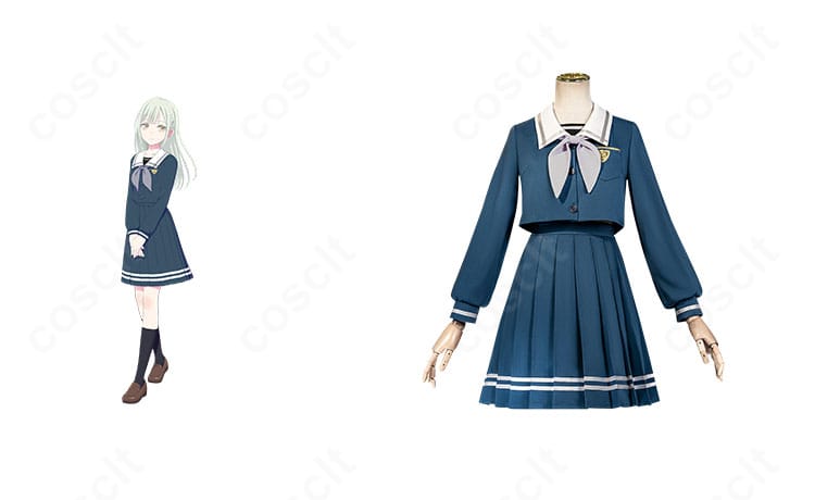 若葉睦の制服風コスプレを着用した全身イメージ。落ち着いた配色と徽章が映えるスタイリング。