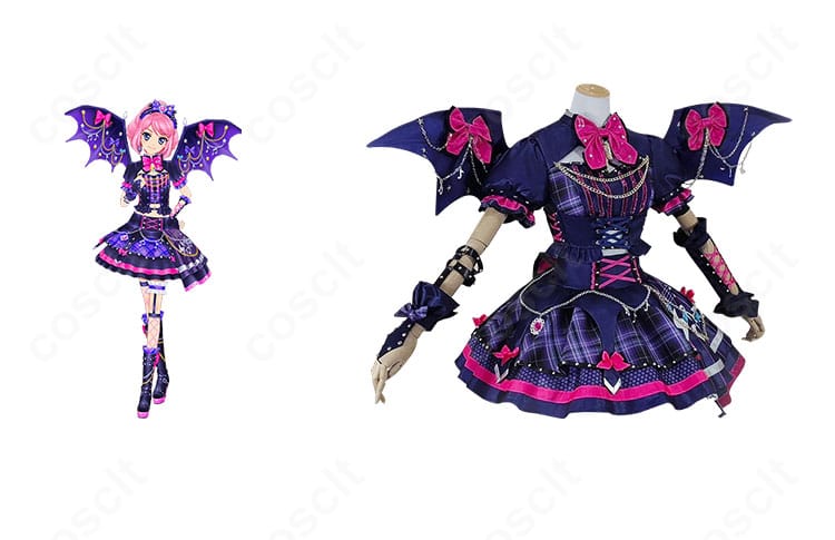 商品正面と桜庭ローラの参考ビジュアルを並置した『星のツバサ』コスプレ衣装の全体像。トップスとスカート、翼のシルエットまで確認可能。