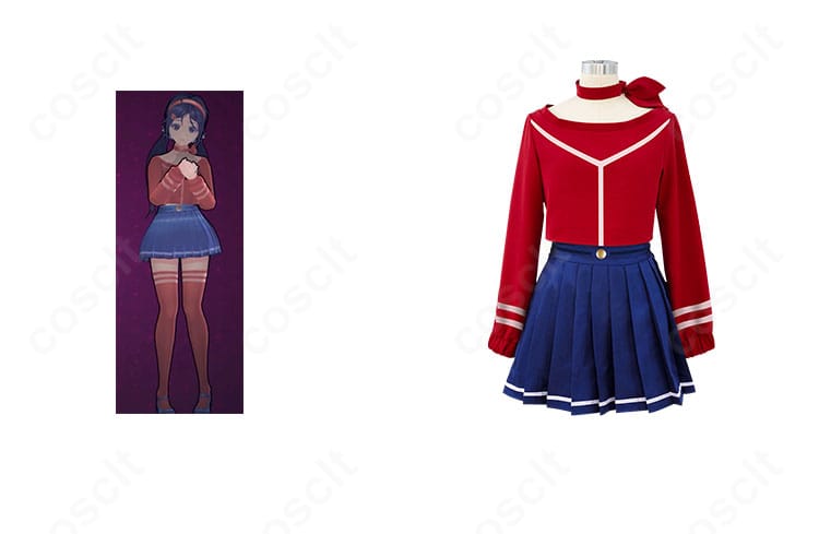 ミタのキャラクターとセーラー服衣装の全体を並置したイメージ。配色と小物まで一致した高再現コーデを正面で確認できます。