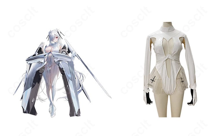 勝利の女神：NIKKE シンデレラ 白色レオタード一式と髪飾りの全体画像。キャラクターイメージを忠実再現したセット内容が分かる構図。