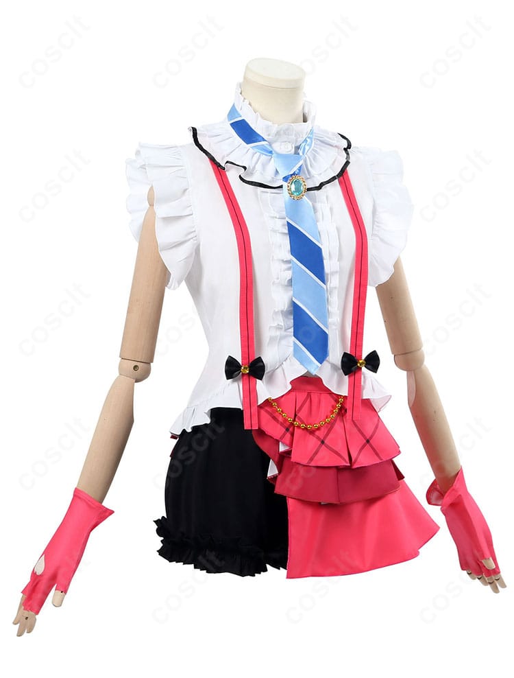 園田海未コスプレ衣装の側面。ウエストラインとサイド装飾、スカートのフレア感を強調