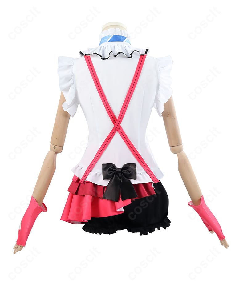 園田海未コスプレ衣装の背面。ファスナー配置と背中の装飾、スカート後ろのディテールが見える