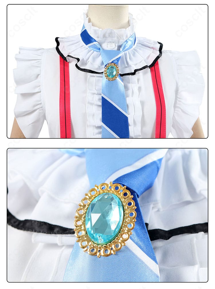 園田海未衣装のネクタイ部分アップ。刺繍モチーフと結び目の形状・装飾を詳細に撮影