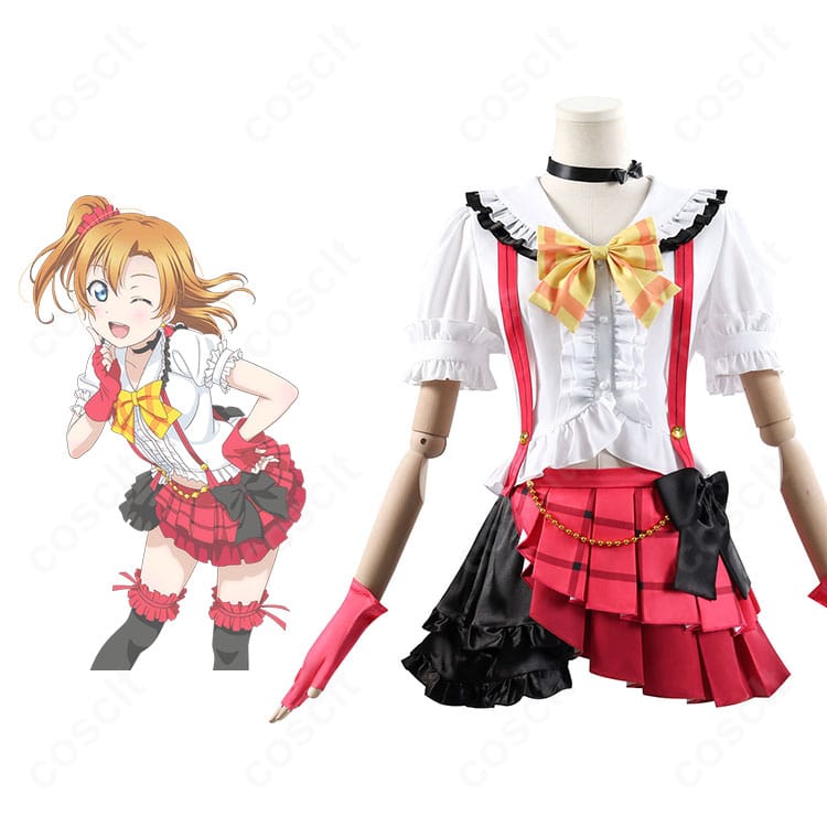 高坂穂乃果 7周年「緊張も吹き飛ぶくらい」コスプレ衣装の正面全体とキャラクター比較。胸元・腰の大きな蝶結びを再現した華やかなデザイン。