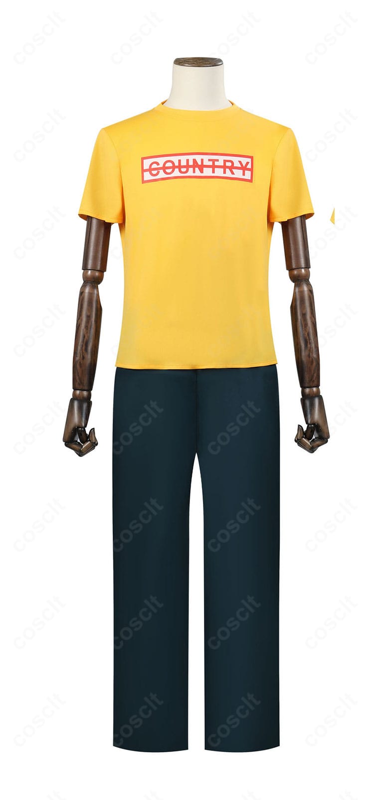 坂本太郎 コスプレ衣装の半袖トップス正面ディテール。胸元のロゴ風装飾と生地感のアップ