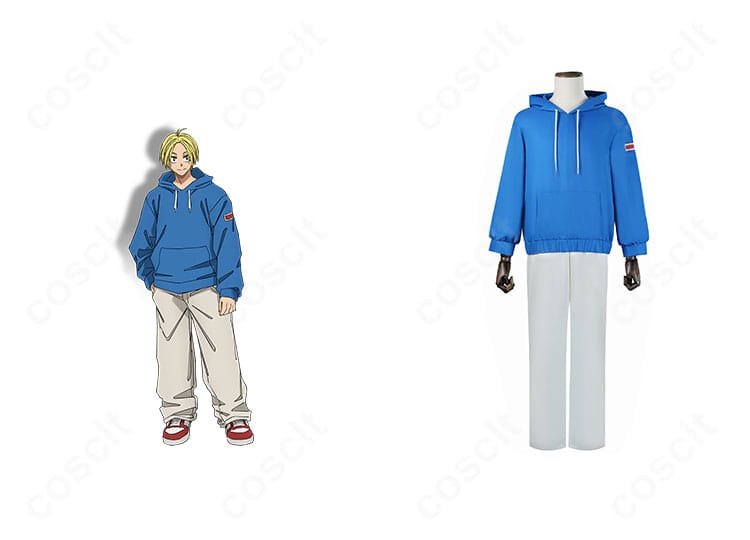 朝倉シンの公式ビジュアルと並べたコスプレ衣装一式。忠実再現のパーカーとズボンの全体感が分かる正面画像