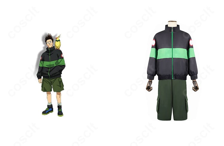 サカモトデイズ 眞霜平助 コスプレ衣装の正面とキャラクター比較。ロングコートとショートパンツの配色・ラインを忠実に再現。