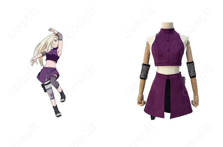 山中いののコスプレ衣装 正面全身。紫のトップスとスカート、包帯とポーチ類でキャラクターの佇まいを忠実に再現。イベント用の完成度が分かる構図。