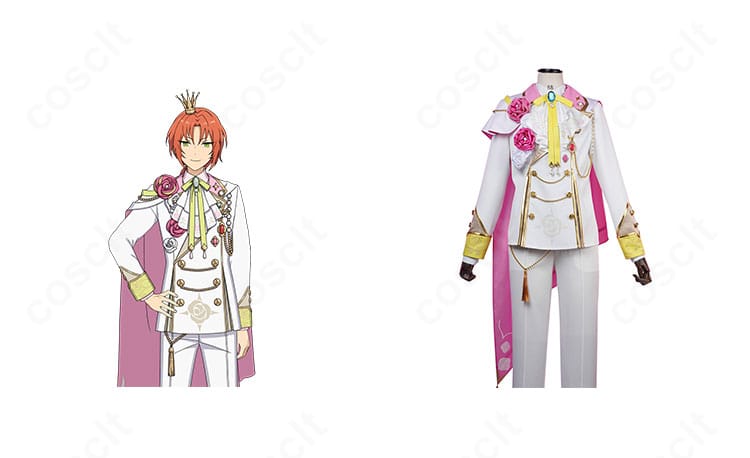 衣更真緒の舞踏会衣装コスプレ上半身正面とキャラクター立ち絵の比較画像。コートとマントの配色・装飾を高再現で表現。