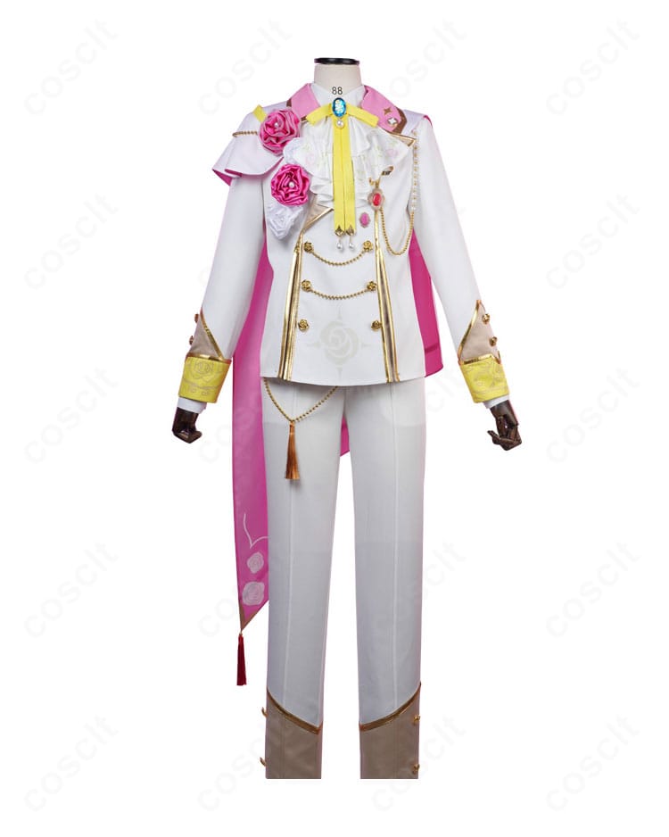 舞踏会衣装の装飾ディテール。胸飾り・飾りチェーン・花飾りの質感と縫製を近接で確認。