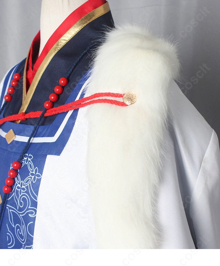 白虎舞衣装の毛皮調装飾アップ。柔らかなフェイクファーの質感と高級感を表現。