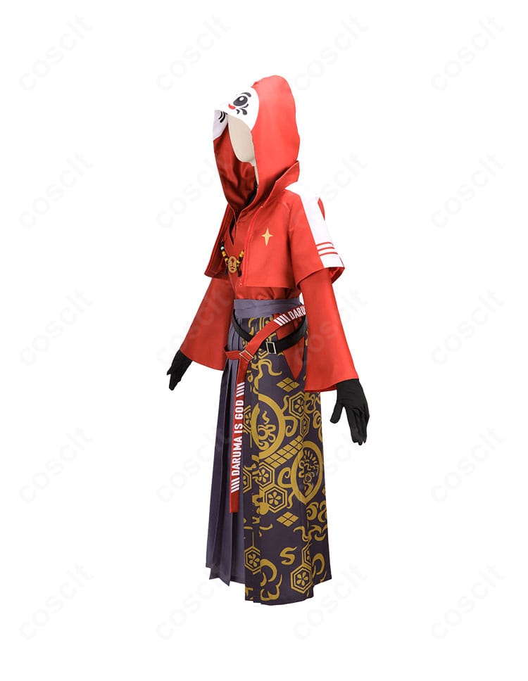 だるまいずごっど 大妖怪×ローソン 袴コスプレ左側面。袴のプリーツと手袋の質感、細部の縫製を確認できるカット。