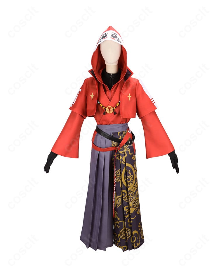 だるまいずごっど 大妖怪×ローソン 袴コスプレの正面アップ。ハリのある生地感とフィット調整の良さが分かる一枚。