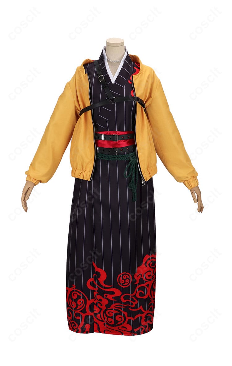 大妖怪×ローソン ありさか コスプレ衣装の正面アップ。襟元の配色とフロント開閉構造、ツイル調のハリ感が分かる高品質仕立て。