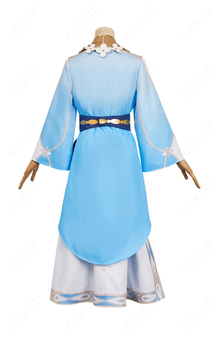 原神 蛍 花神誕祭verコスプレ衣装の背面。背中のファスナー位置とリボン、裾のレイヤー構造を確認できる。