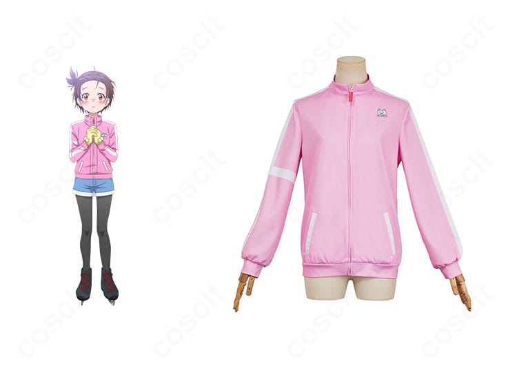 メダリスト 結束いのりのコスプレ用コートとキャラクター比較。襟や胸元装飾を再現した軽量アウターの正面全体像。