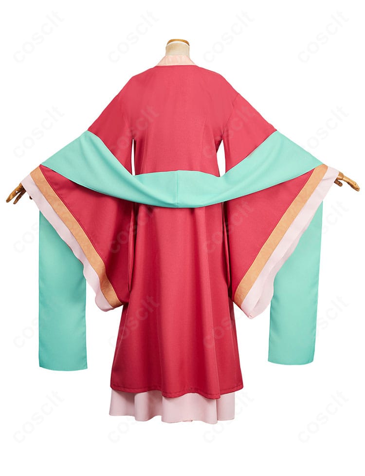 背面から見た玉葉妃衣装。背面装飾と裾のドレープが際立つエレガントなバックスタイル。