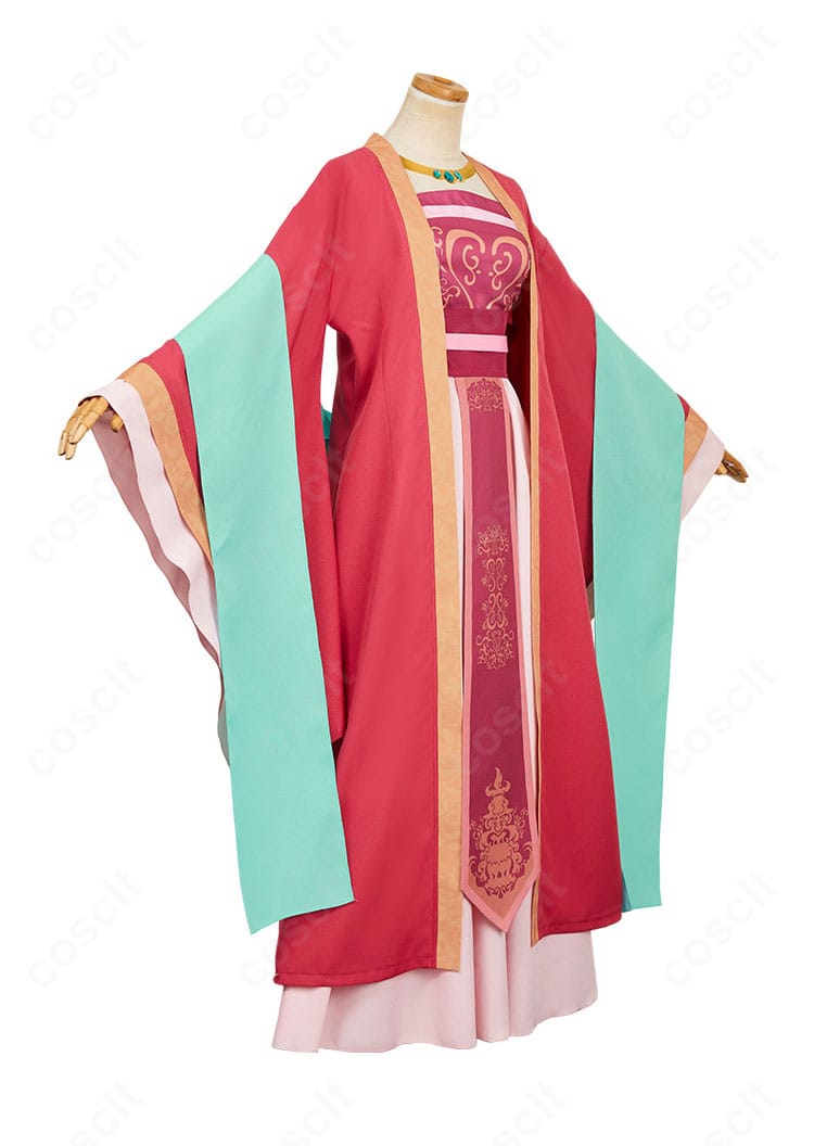 右側面から見た玉葉妃衣装。コルセットベルトと腰周りのレイヤードでウエストラインを強調するデザイン。