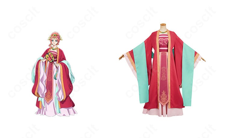 『薬屋のひとりごと』玉葉妃のコスプレ衣装とキャラクターイメージを並置した正面全体写真。上品な中華風シルエットを再現。