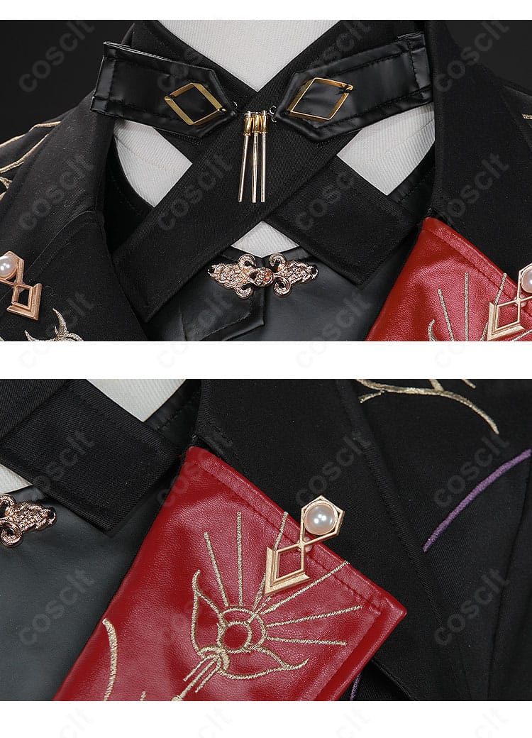 襟元ディテールのクローズアップ。つけ襟と首飾りの重ね方、メタリックアクセの質感を再現。