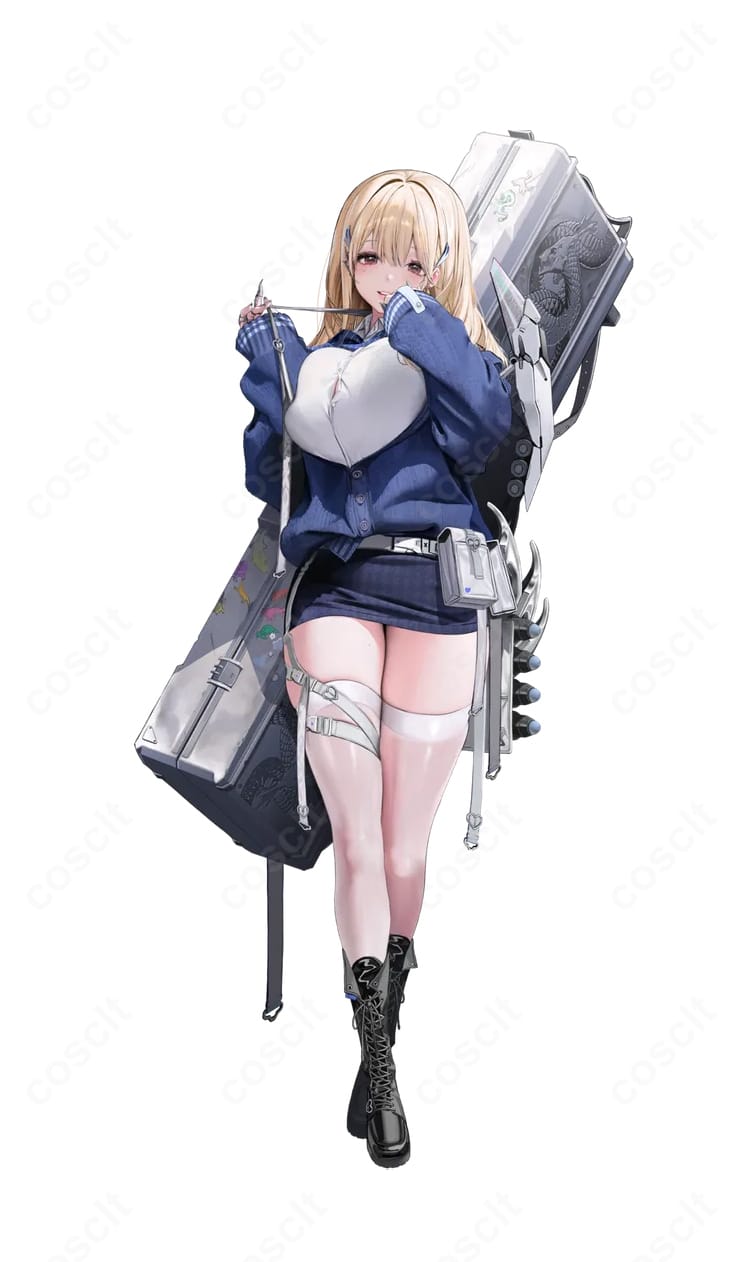 『勝利の女神:NIKKE』ティアのコスプレ衣装一式を着用したイメージ。カーディガンとスカート、腰のケース、足ベルト、髪飾り・リボンのディテールとハリ感あるシルエットが分かる全身カット。