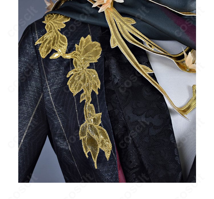 夜来香コスプレ衣装の襟元ディテール。襟飾りと生地の質感、ステッチの仕上がり