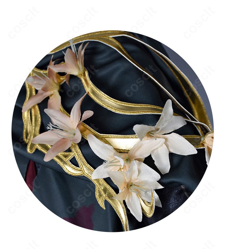 夜来香コスプレ衣装の肩飾りディテール。装飾の質感と縫製仕上げが分かる近接画像