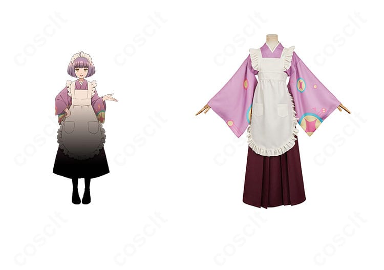 塚原音子の和装コスプレ衣装とキャラクターイメージの融合カット。上品な着物×袴にエプロンとヘッドドレスを合わせた全体像。