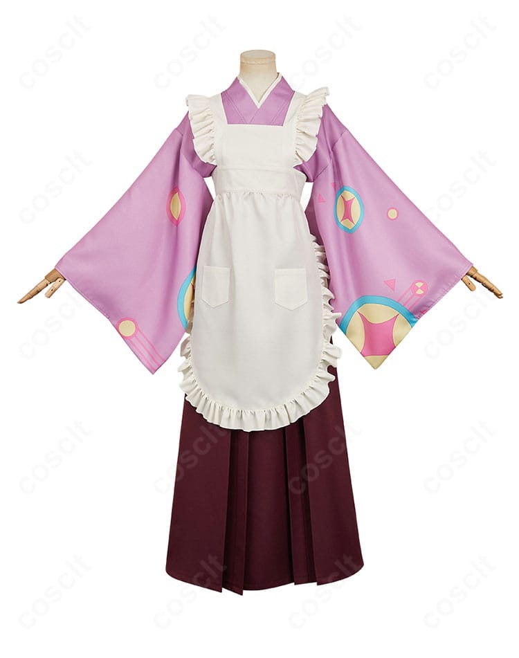 正面から見た塚原音子のコスプレ衣装。落ち着いた色味と端正なシルエット、和洋折衷のデザインを忠実再現。