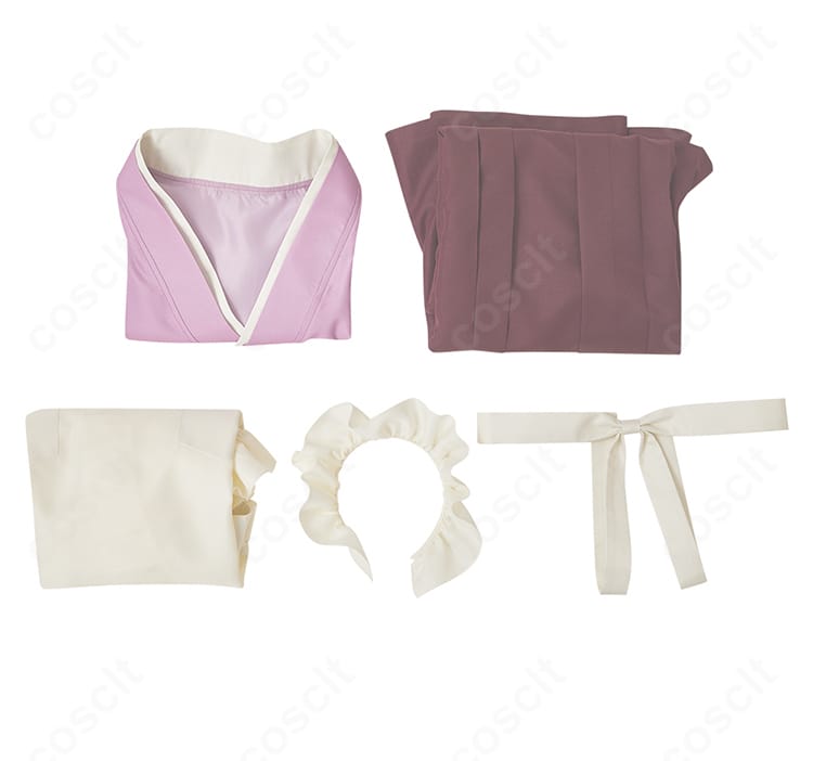 セット内容の平置き展示。着物・袴・エプロン・ヘッドドレス・背部蝶結びが一式揃った構成。