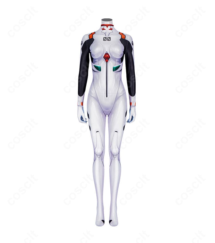 正面全身図。綾波レイのプラグスーツコスプレ衣装のシルエット、配色、胸部マーキング位置が確認できる画像。