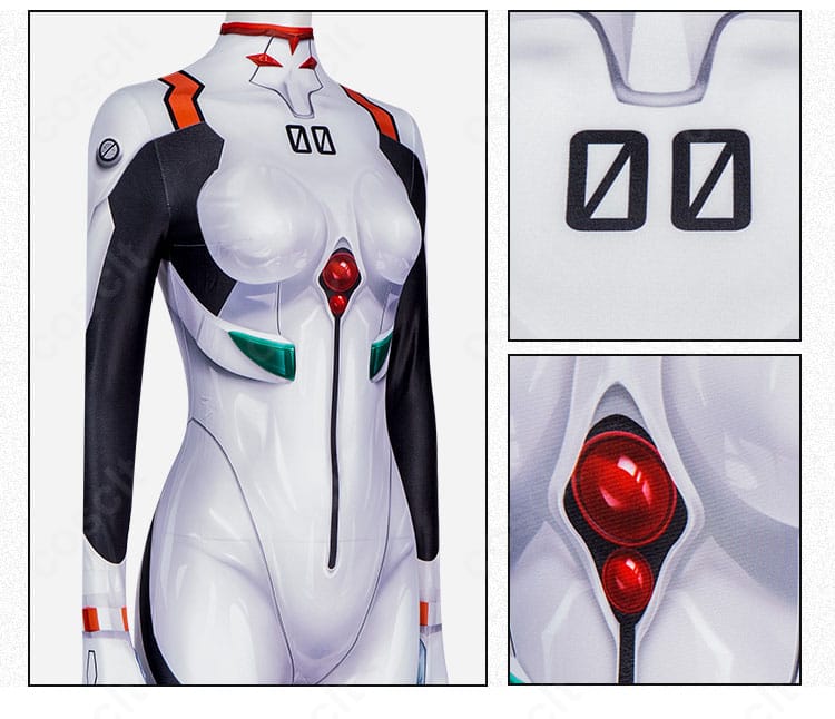 装飾ディテール近接。胸部・腰部のプラグスーツ特有の装飾を拡大し、立体感と質感を示す写真。