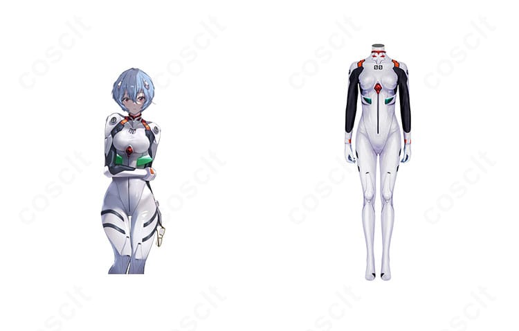 商品正面と綾波レイのプラグスーツを並置した比較画像。ヱヴァンゲリヲン新劇場版の意匠を忠実に再現したコスプレ衣装の全体感が分かる写真。