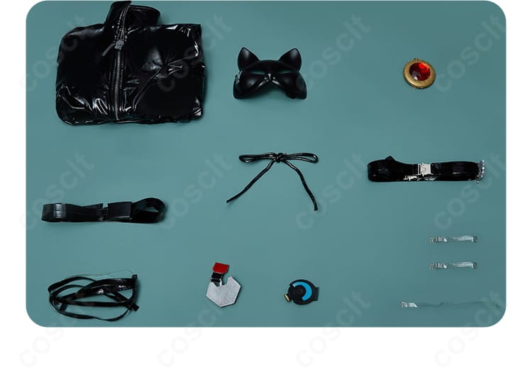 セット内容の一括表示。全身タイツ、仮面、ネックレス、ベルト、ネックストラップ、透明ストラップ、小道具を並べた確認写真。