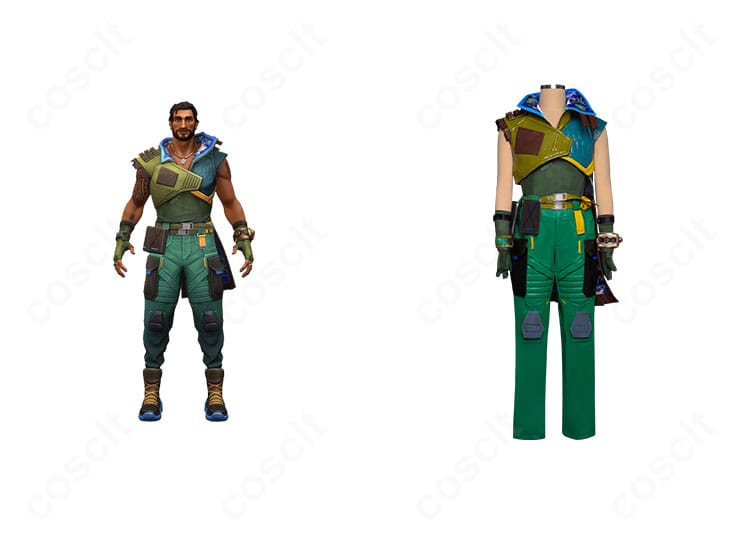 VALORANTのハーバー通常衣装コスプレ一式とキャラクタービジュアルの比較画像。高再現のタクティカルデザインを強調。