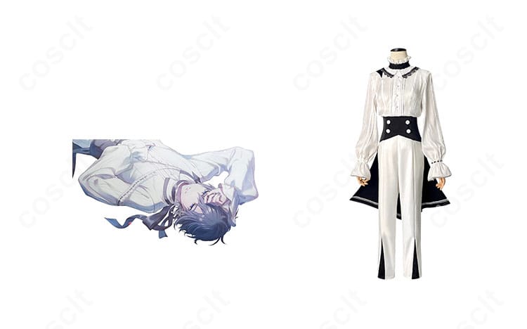 プロセカ KAITO コスプレ衣装の正面着用とキャラクター比較画像。配色とシルエットの再現度が分かる構図