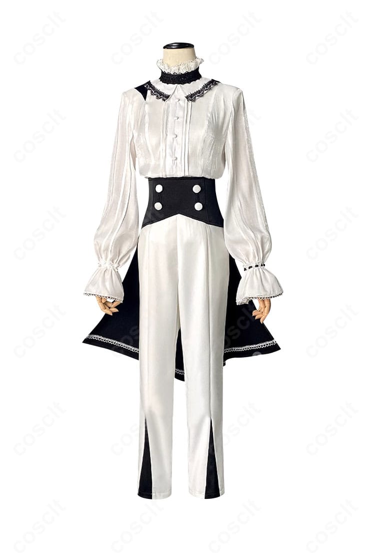 プロセカ KAITO コスプレ衣装の正面全体像。シャツ、コルセットベルト、オーバースカート、ズボンのレイヤーが明瞭