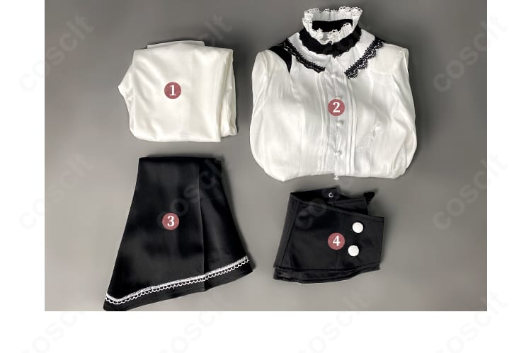 プロセカ KAITO コスプレ衣装のセット内容画像。シャツ・ズボン・コルセットベルト・オーバースカートの4点