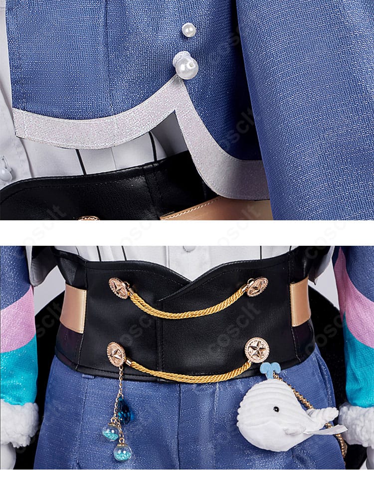 コート裾のハリ感と腰部コルセットベルト、装飾ディテールを示す拡大画像