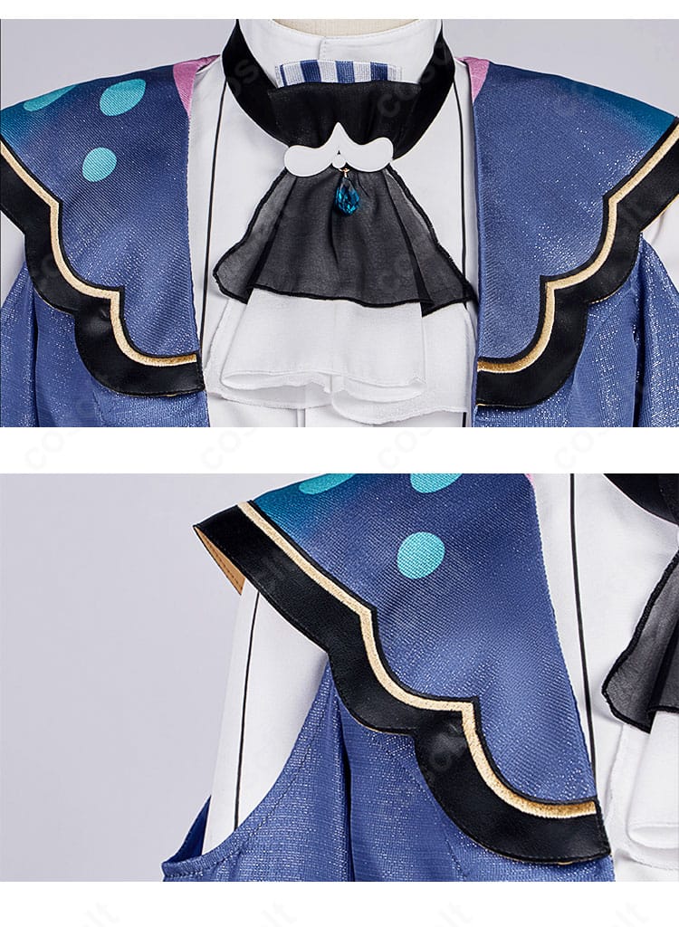 青柳冬弥衣装の襟元・スカーフ・肩装飾のクローズアップ。縫製と意匠の質感が分かる画像