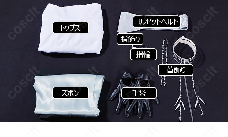 セット内容一覧。トップス、ズボン、コルセットベルト、手袋、首飾り、指輪、指飾りが一目で確認できるレイアウト。