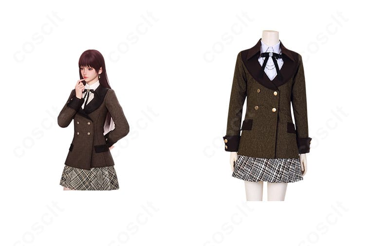 恋と深空 プレイヤー『落ち葉の蜜語』コスプレ衣装の正面全体。キャラクターイメージと並び、上品でセクシーなシルエットと落ち着いた色味が分かる構図。