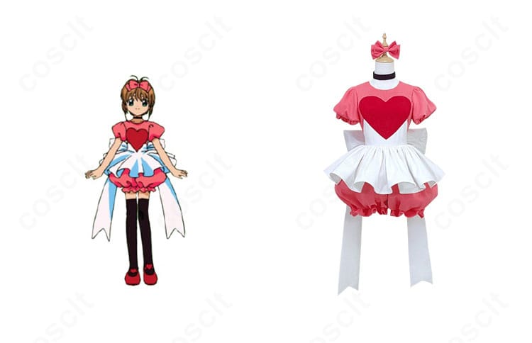 カードキャプターさくら 木之本桜 コスプレ衣装 正面図 さくらカードと一緒に映った衣装。忠実再現でファン必見!