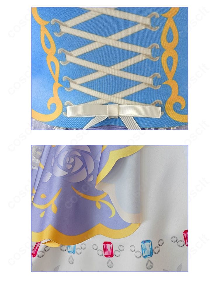 腰飾りとスカートデザインの細部アップ。切り替え配色、タックの入り方、装飾の立体感を確認できるディテール画像。