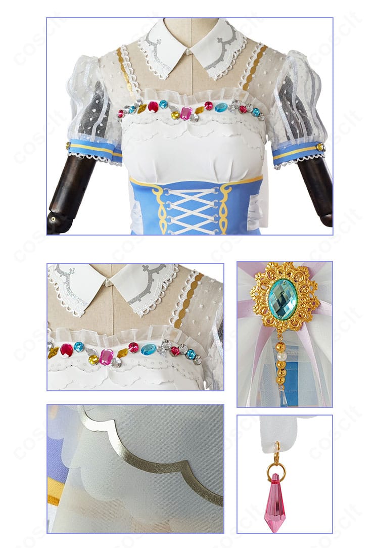 襟元・アクセサリー・スカート裾装飾のディテール。つけ襟の形状、縁取り、装飾パーツの質感と縫製仕上げが見える近接カット。